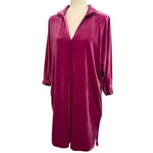 Caryn Lawn Women's Collared Dress Velour Velvet 3/4 Sleeve One Size Bright Pink